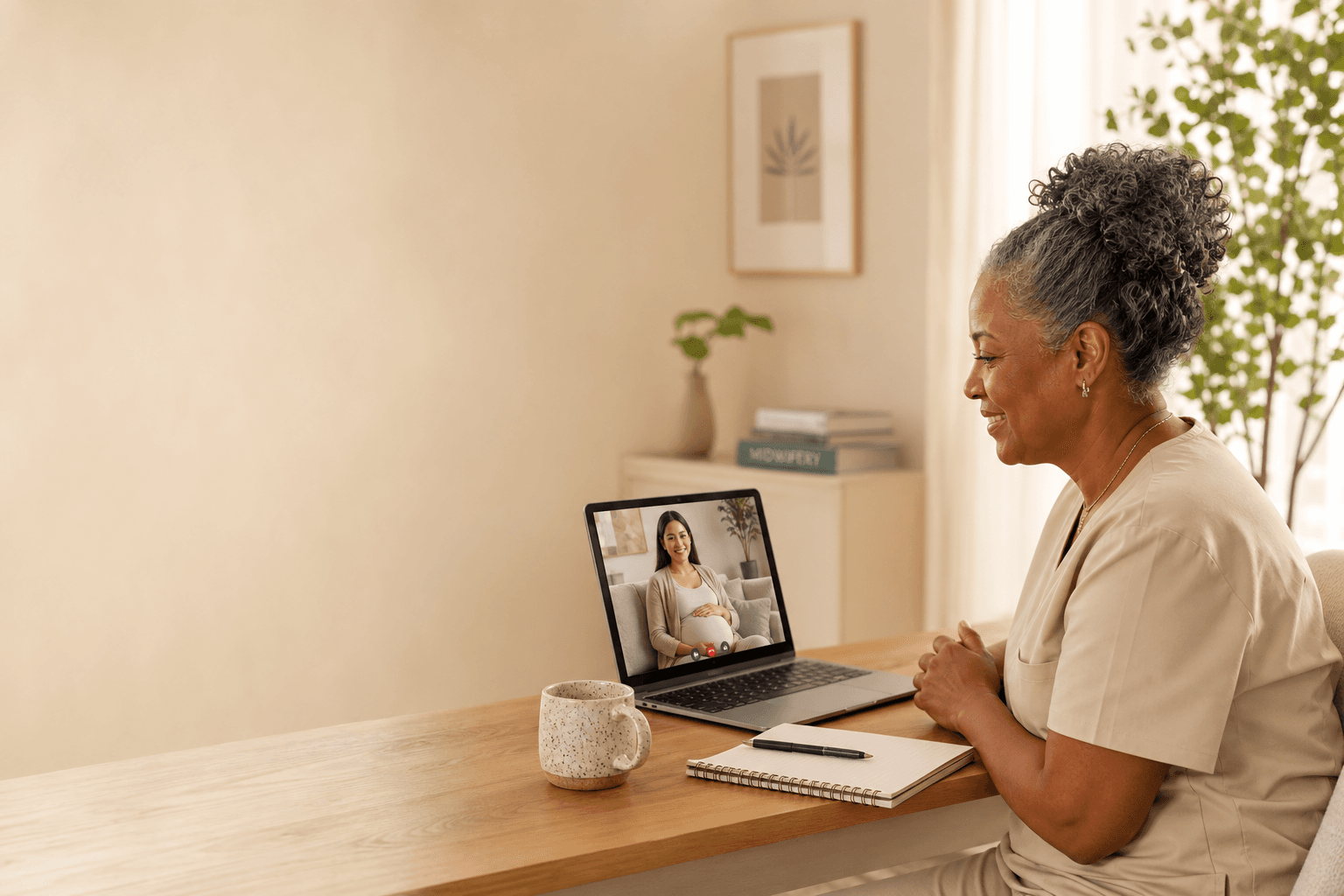 A midwife smiling during a virtual consultation from a warm home office